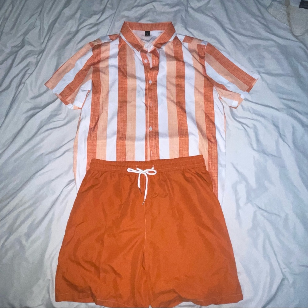 SHEIN Orange and White Striped Casual Button Down Shirt